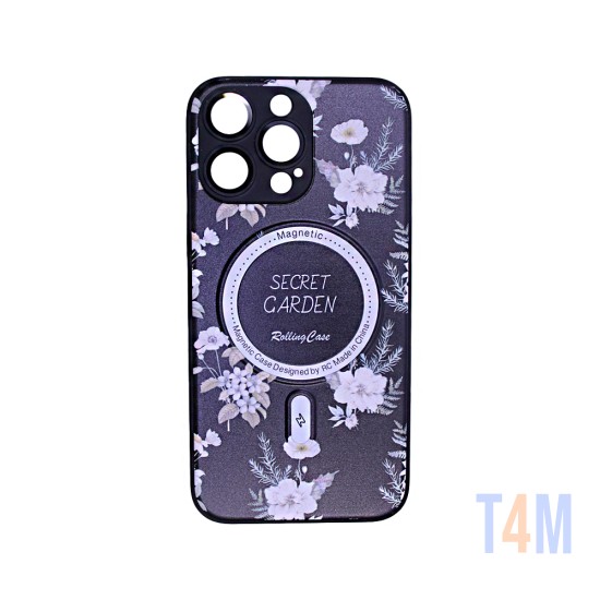 Capa Magnetic com Desenho De Flores para Apple iPhone 14 Pro Preto